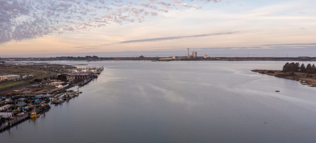 An aerial view of Humboldt Bay.