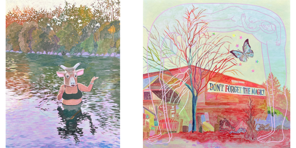 Two pieces of artwork, one depicting an anthropomorphic cow in a river, the other depicting a colorful building.