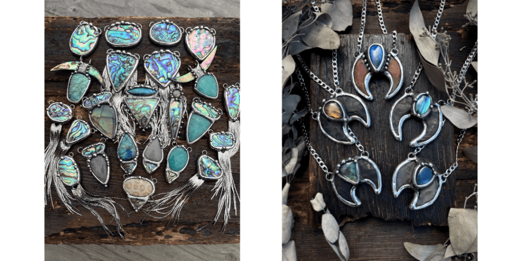 Two images showcasing handmade jewelry.