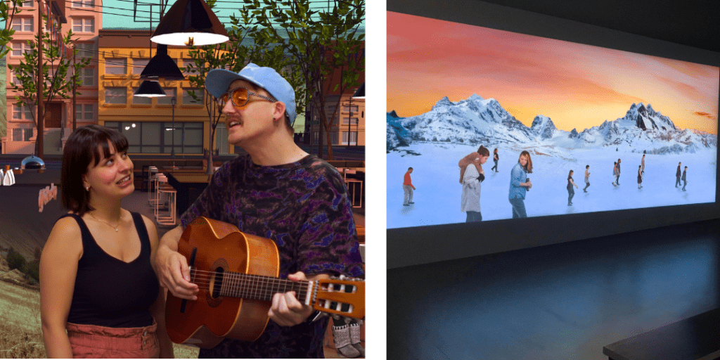 Two images connected as a graphic; the left image is a still from a video featuring a woman singing and a man playing guitar. The image on the right shows a film installation in a gallery.