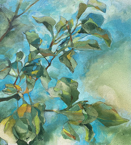 Painting of a branch with green and yellow leaves