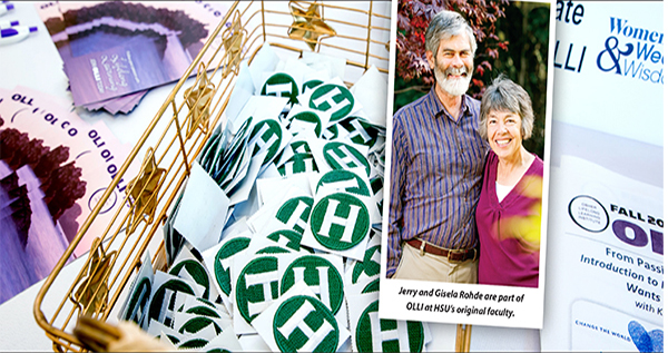 collage of couple and some cal poly swag
