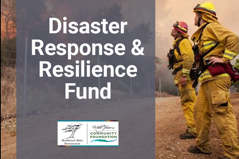 Two fire fighters stand to the right of a fire. Text reads Disaster Response and Resilience Fund