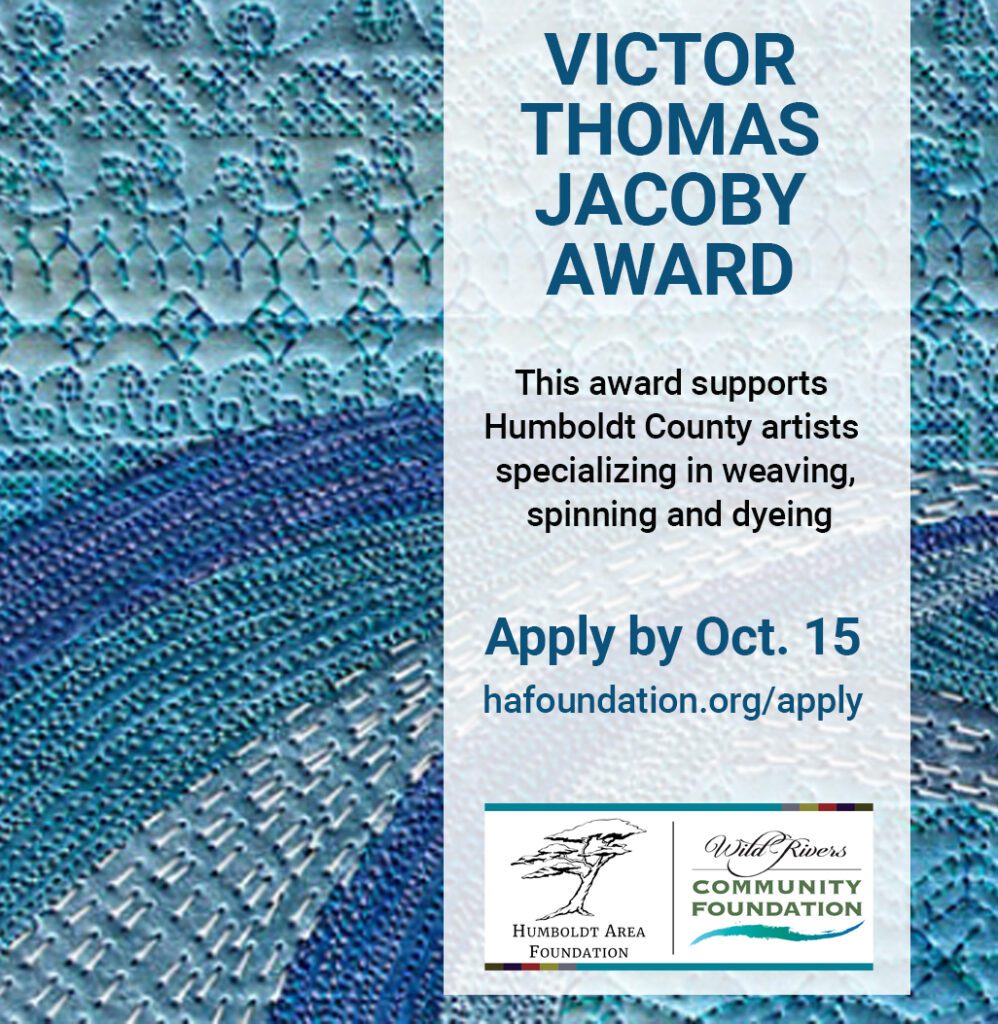 Blue yarn woven in background behind text that reads "Victor Thomas Jacoby Award"