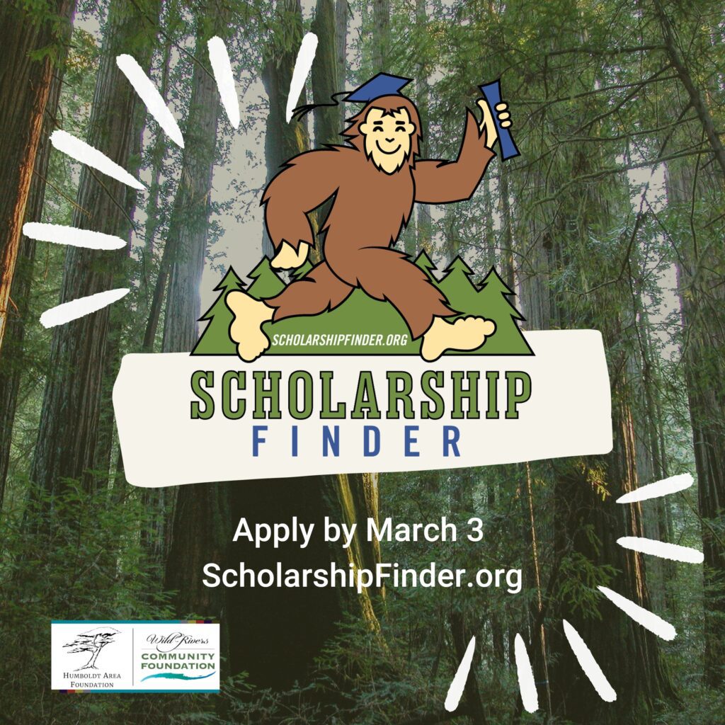 Bigfoot holds diploma and stands in front of Redwood forest. Text reads: "Scholarship Finder. Apply by March 3. Scholarship Finder dot org."